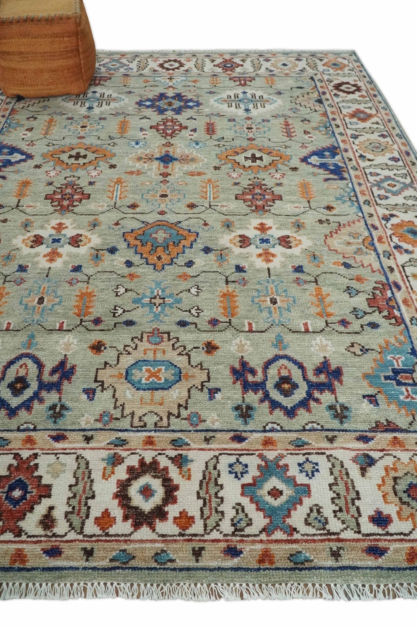 Turkish Knot Antique Green and Ivory Traditional Multi Size Hand knotted Oushak Rug