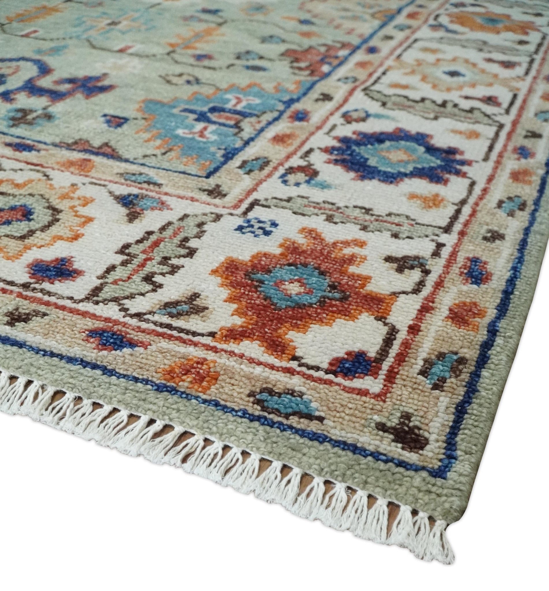 Turkish Knot Antique Green and Ivory Traditional Multi Size Hand knotted Oushak Rug
