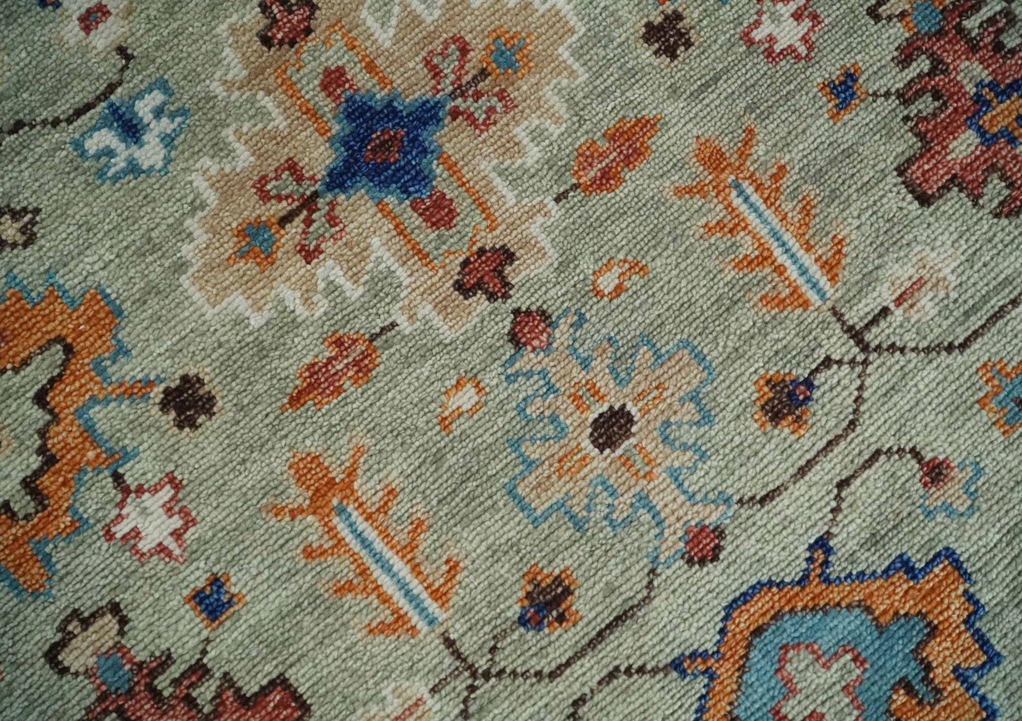 Turkish Knot Antique Green and Ivory Traditional Multi Size Hand knotted Oushak Rug