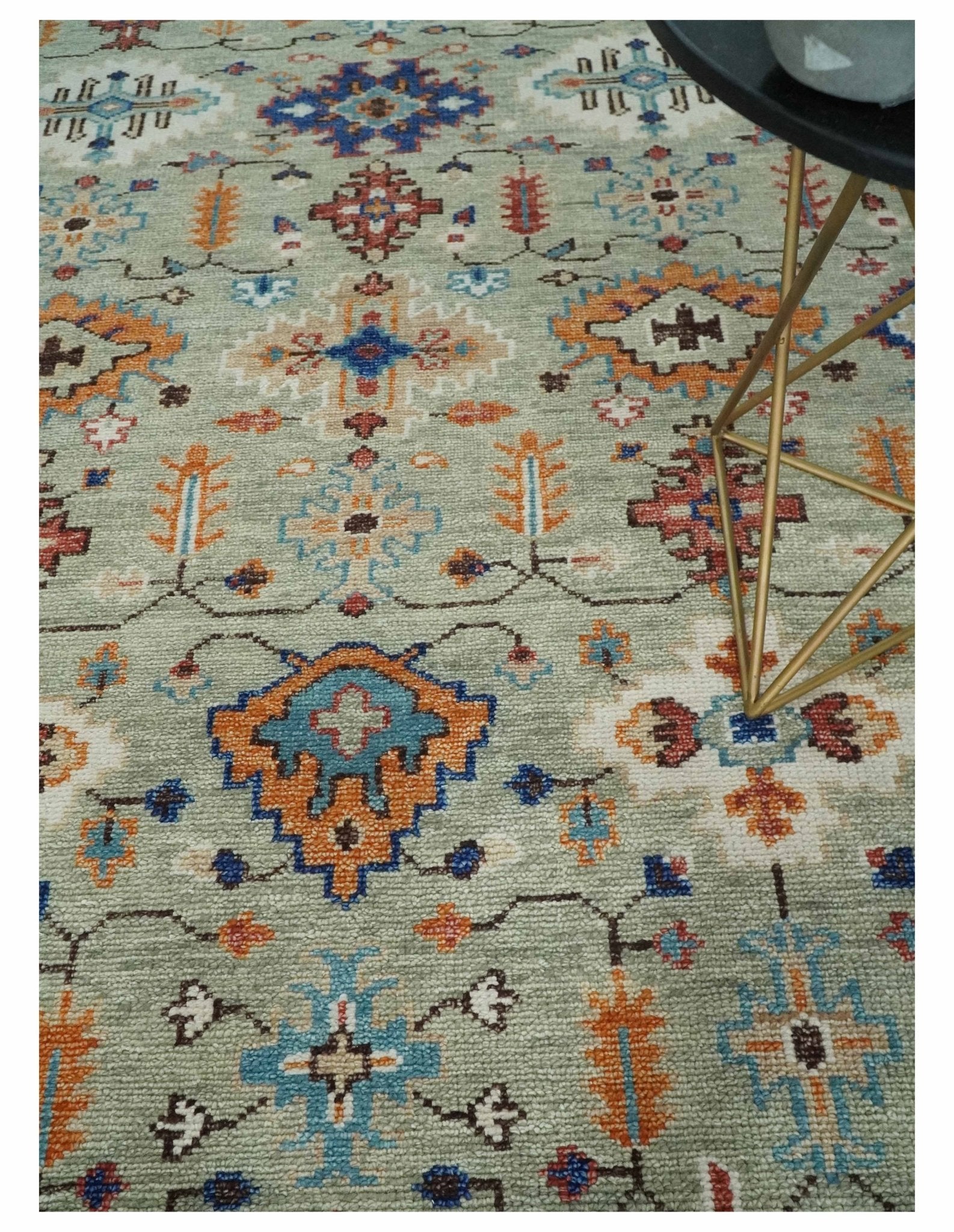 Turkish Knot Antique Green and Ivory Traditional Multi Size Hand knotted Oushak Rug