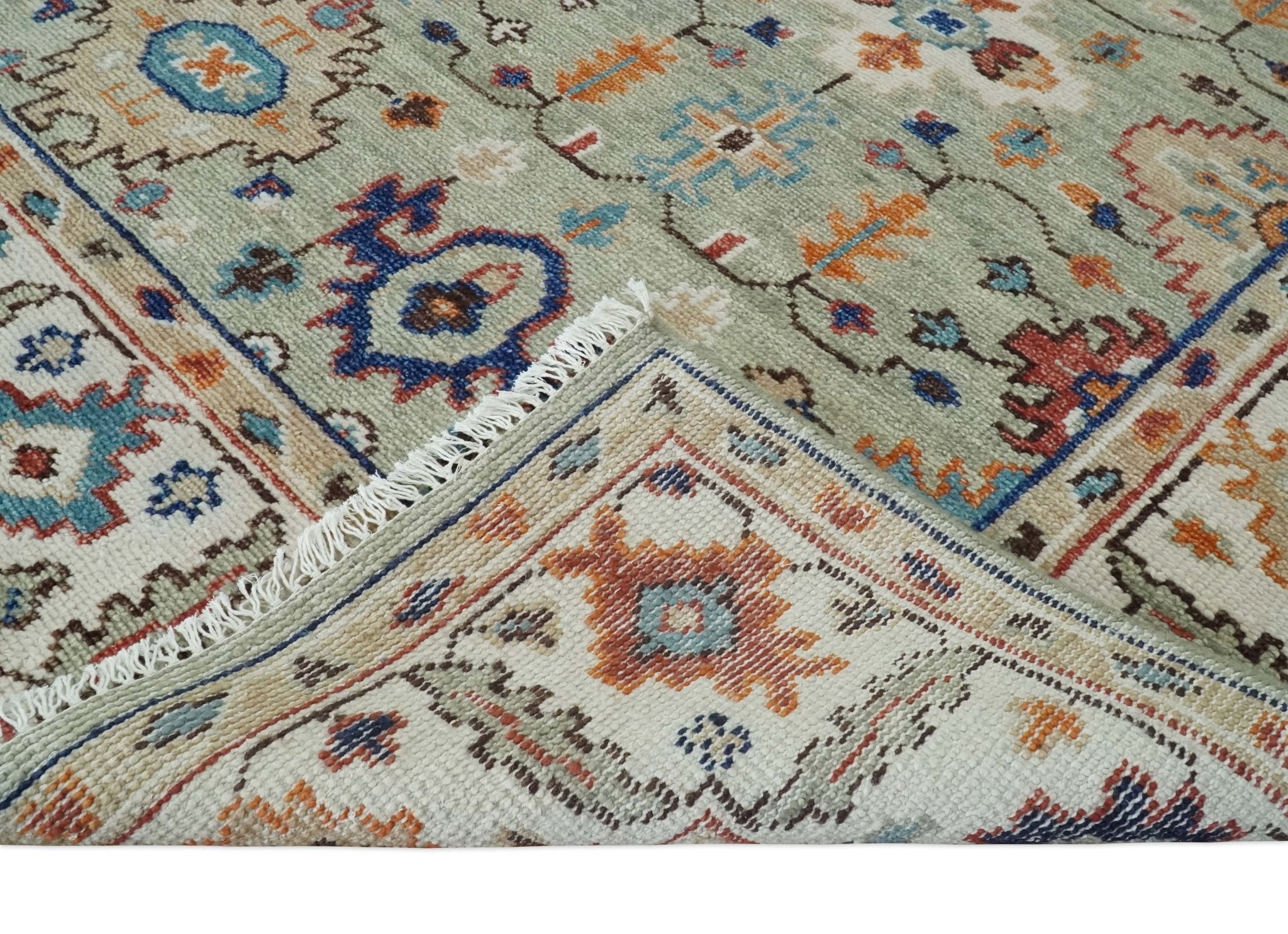 Turkish Knot Antique Green and Ivory Traditional Multi Size Hand knotted Oushak Rug