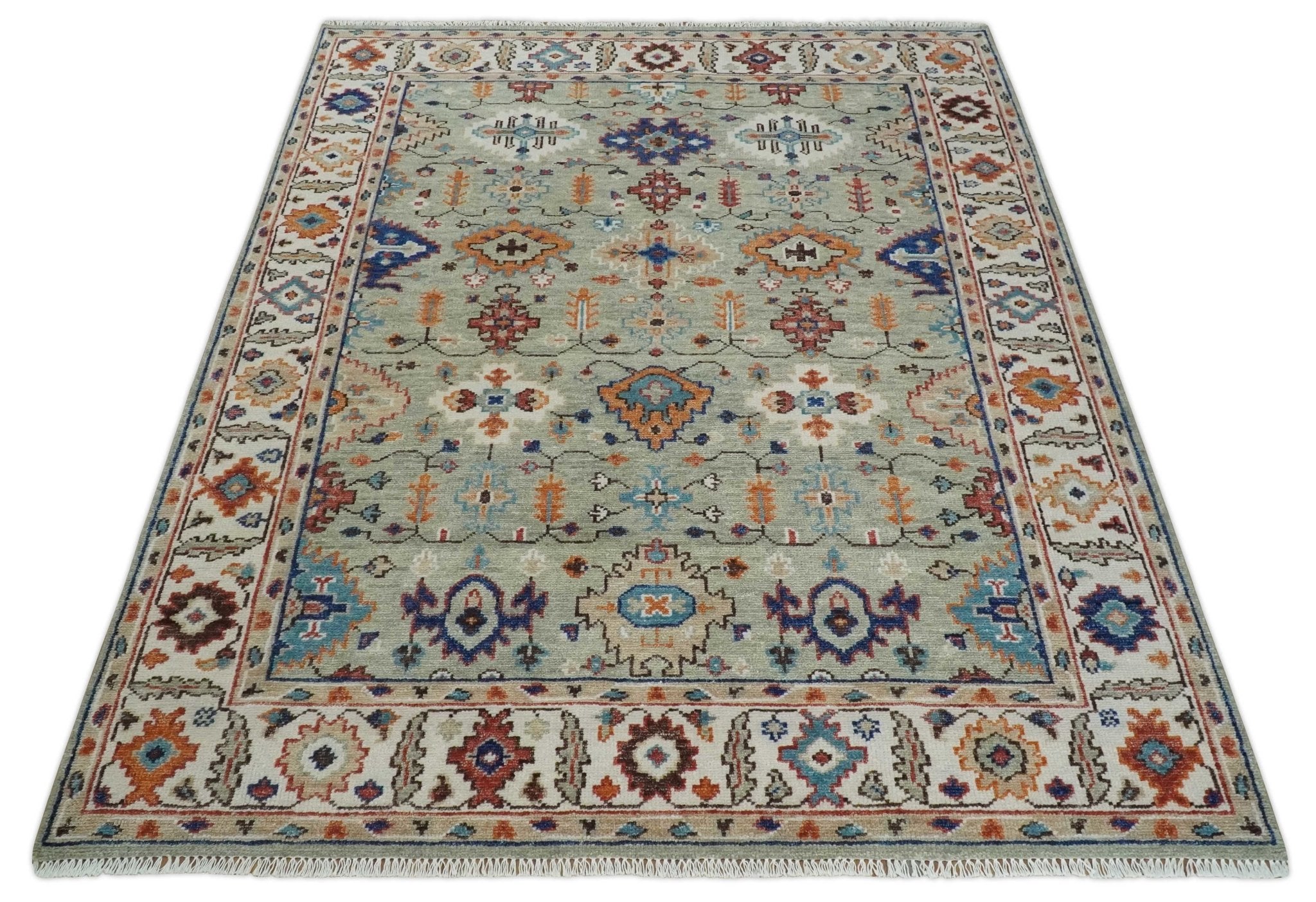 Turkish Knot Antique Green and Ivory Traditional Multi Size Hand knotted Oushak Rug