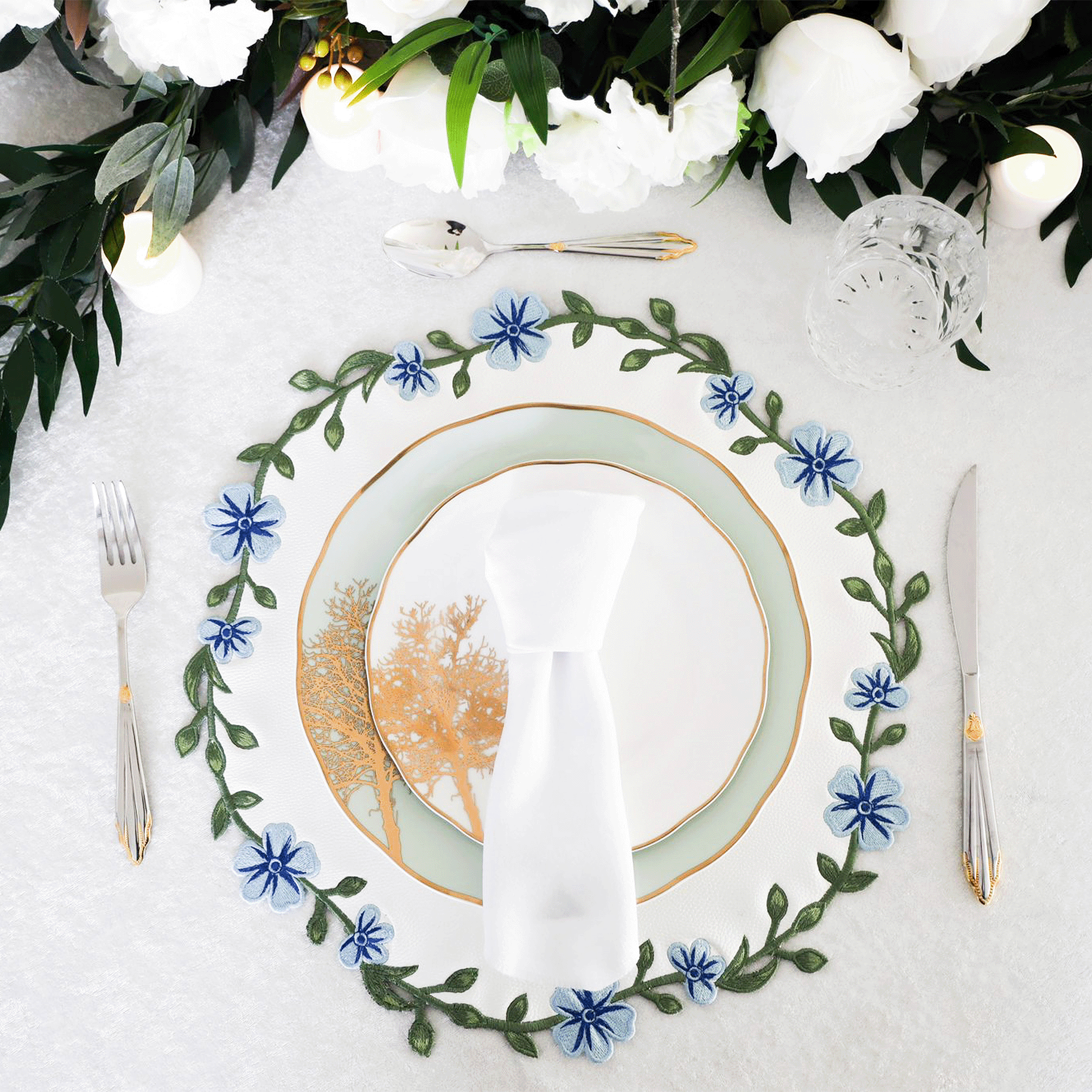 UNITY WHITE BLUE ROUND FAUX LEATHER PLACEMAT