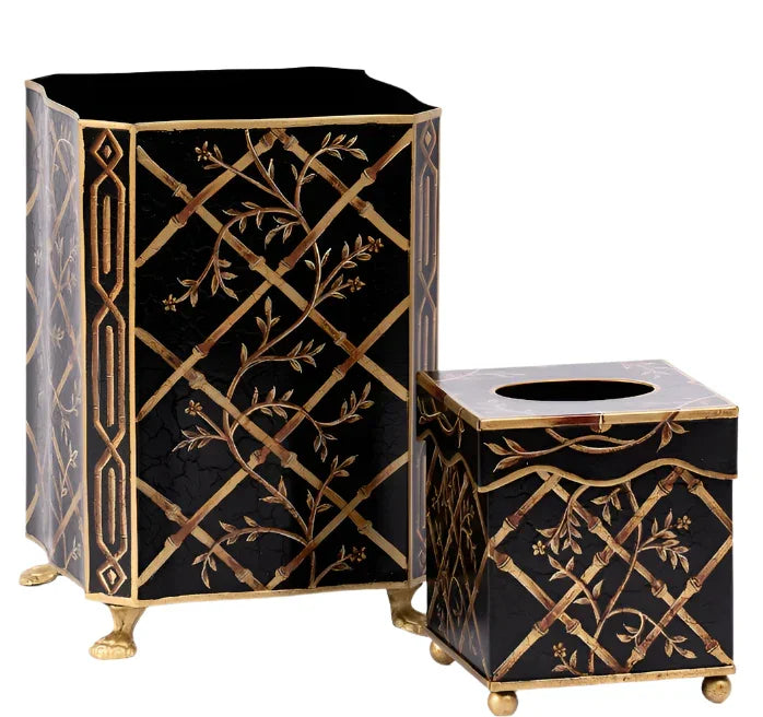 Black Bamboo & Floral Tissue Holder and Wastepaper Basket - The Mayfair Hall