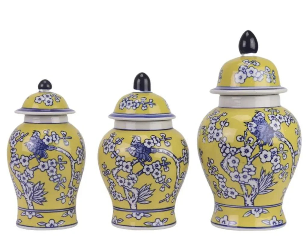 Set of 3 Yellow & Blue Floral Food Safe Jars - The Mayfair Hall