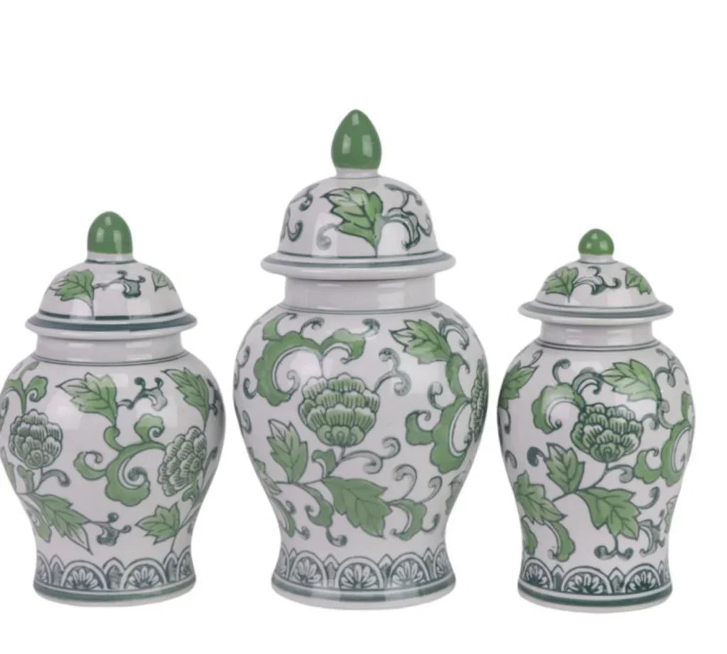 Set of 3 Green & White Floral Food Safe Jars - The Mayfair Hall