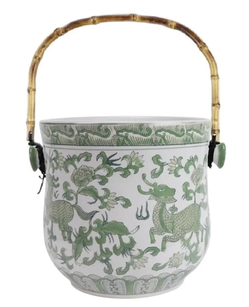 Green & White Bamboo Handle Ice Bucket - The Mayfair Hall