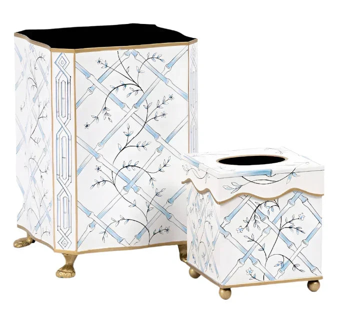 Blue Bamboo & Floral Tissue Holder and Wastepaper Basket - The Mayfair Hall