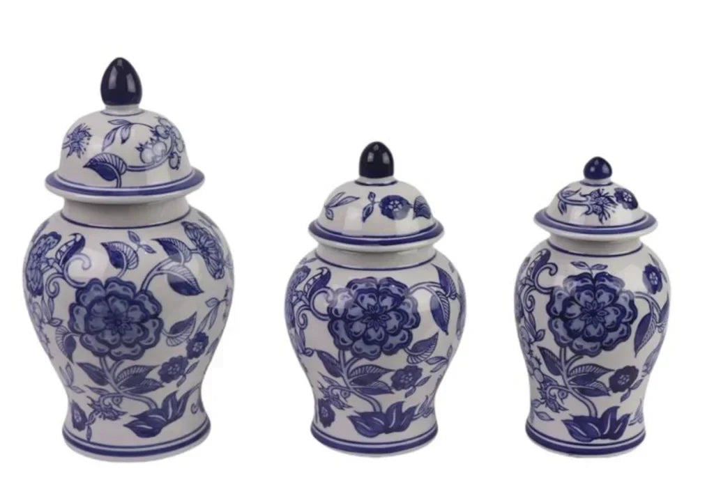 Set of 3 Blue & White Flower Food Safe Jars - The Mayfair Hall