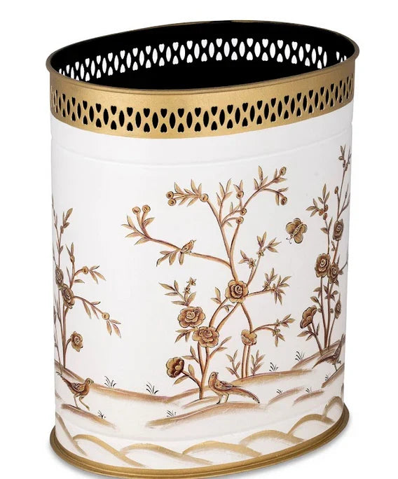 Ivory & Gold Oval Pierced Wastepaper Basket