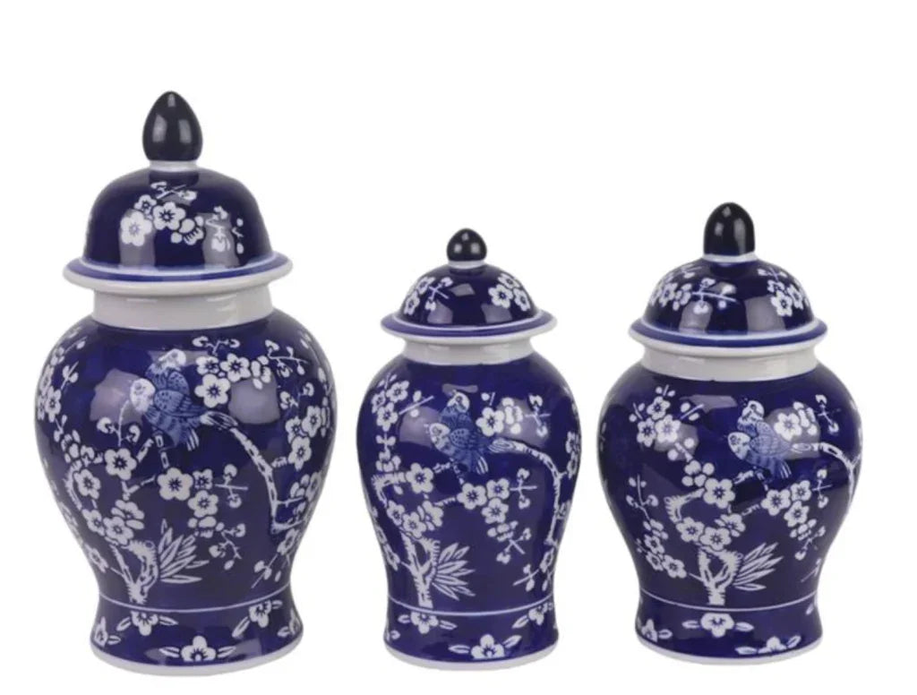 Set of 3 Navy Cherry Blossom Food Safe Jars - The Mayfair Hall
