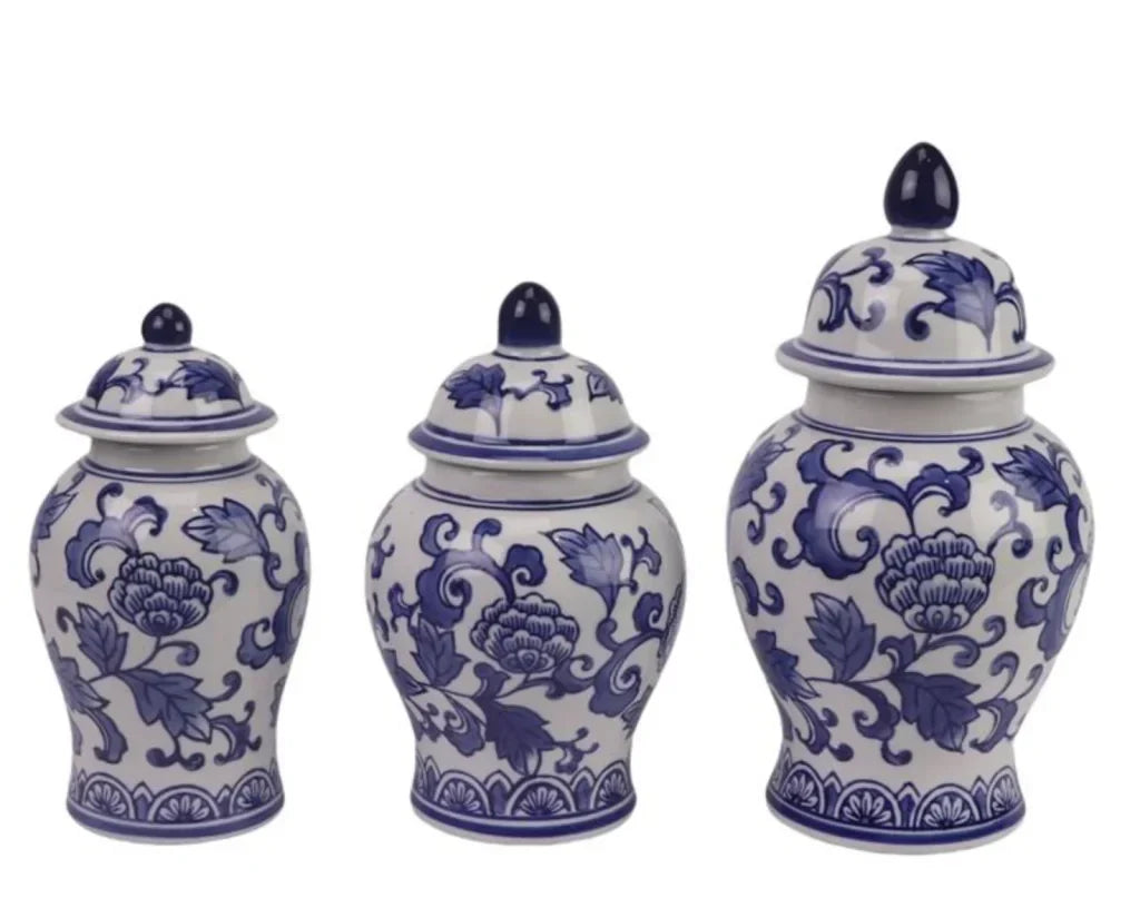 Set of 3 Blue & White Floral Food Safe Jars - The Mayfair Hall