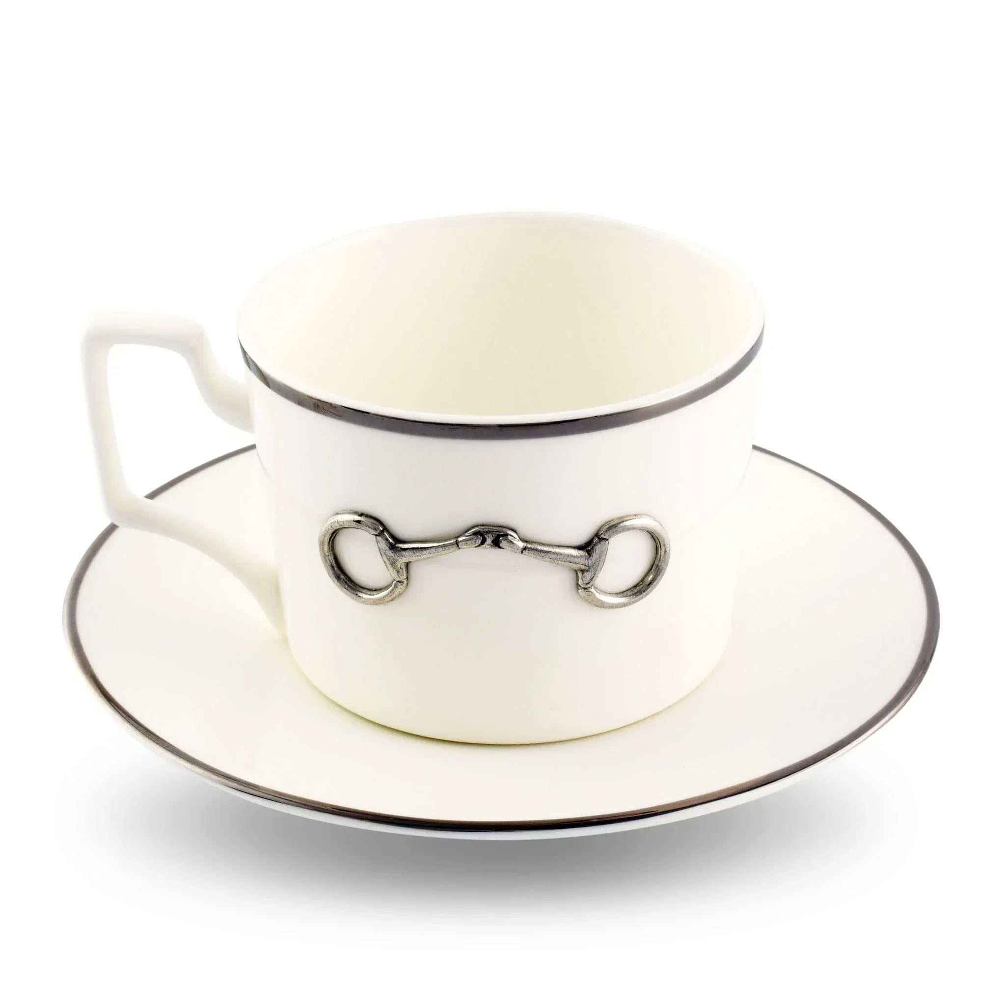 Pewter Bit Bone China Cup and Saucer Platinum Rim - The Mayfair Hall