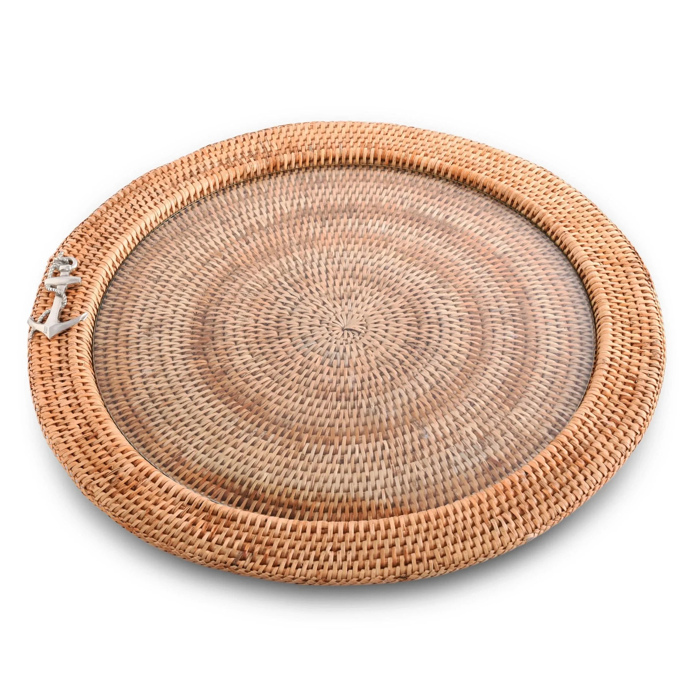 Anchor Round Serving Tray Hand Woven Wicker Rattan - Glass Insert - The Mayfair Hall
