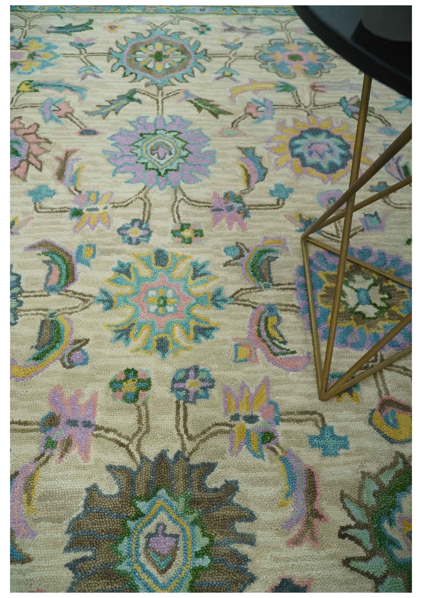Vibrant Colorful Beige, Blue and Purple Traditional Floral Hand Tufted 8x10 wool rug