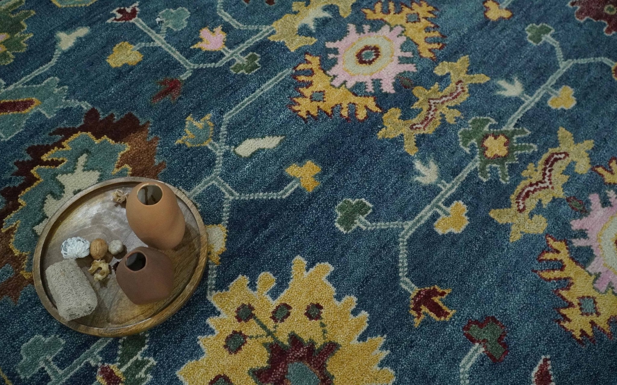 Vibrant Colorful Hand knotted Teal, Gold And Maroon 9x12 wool Area Rug