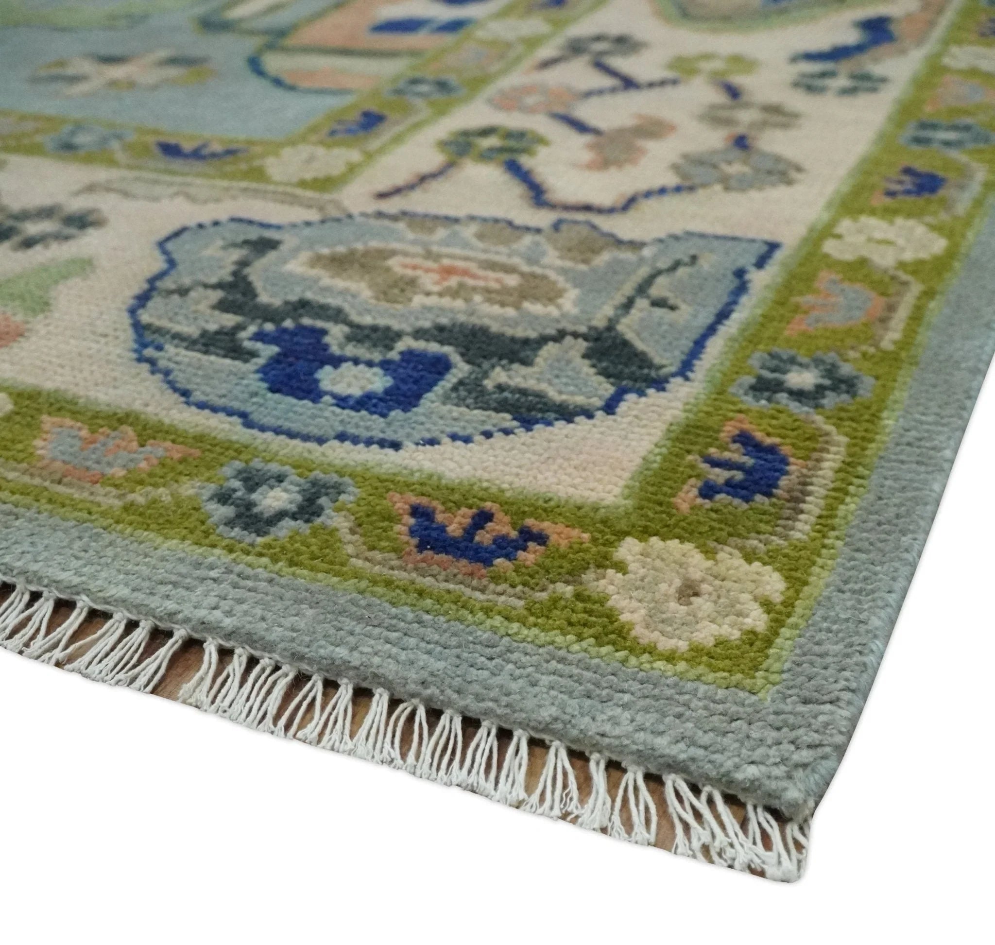 Vibrant Colorful Silver, Green and Light Peach Hand knotted Oushak wool Area Rug - The Rug Decor