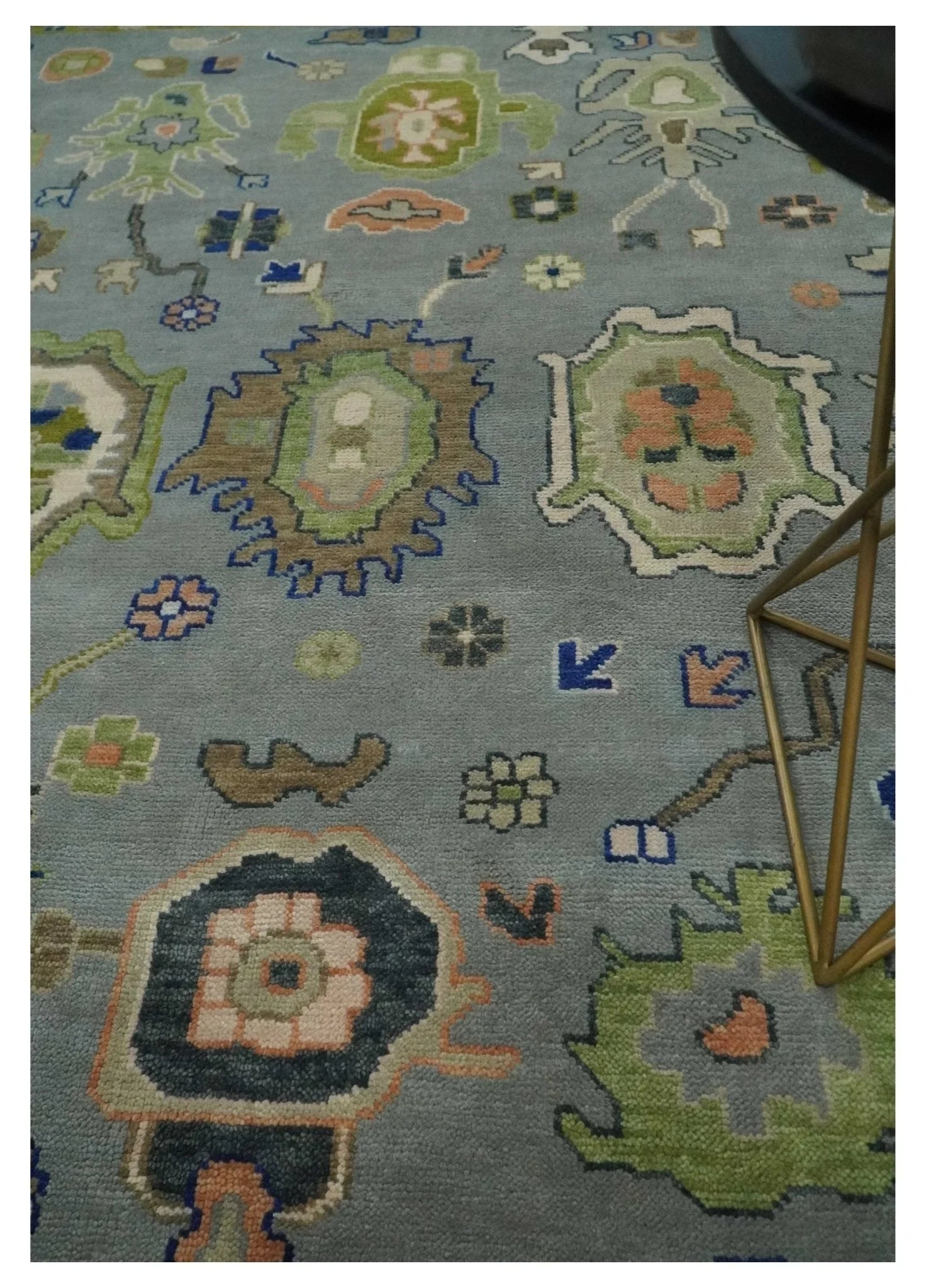 Vibrant Colorful Silver, Green and Light Peach Hand knotted Oushak wool Area Rug - The Rug Decor