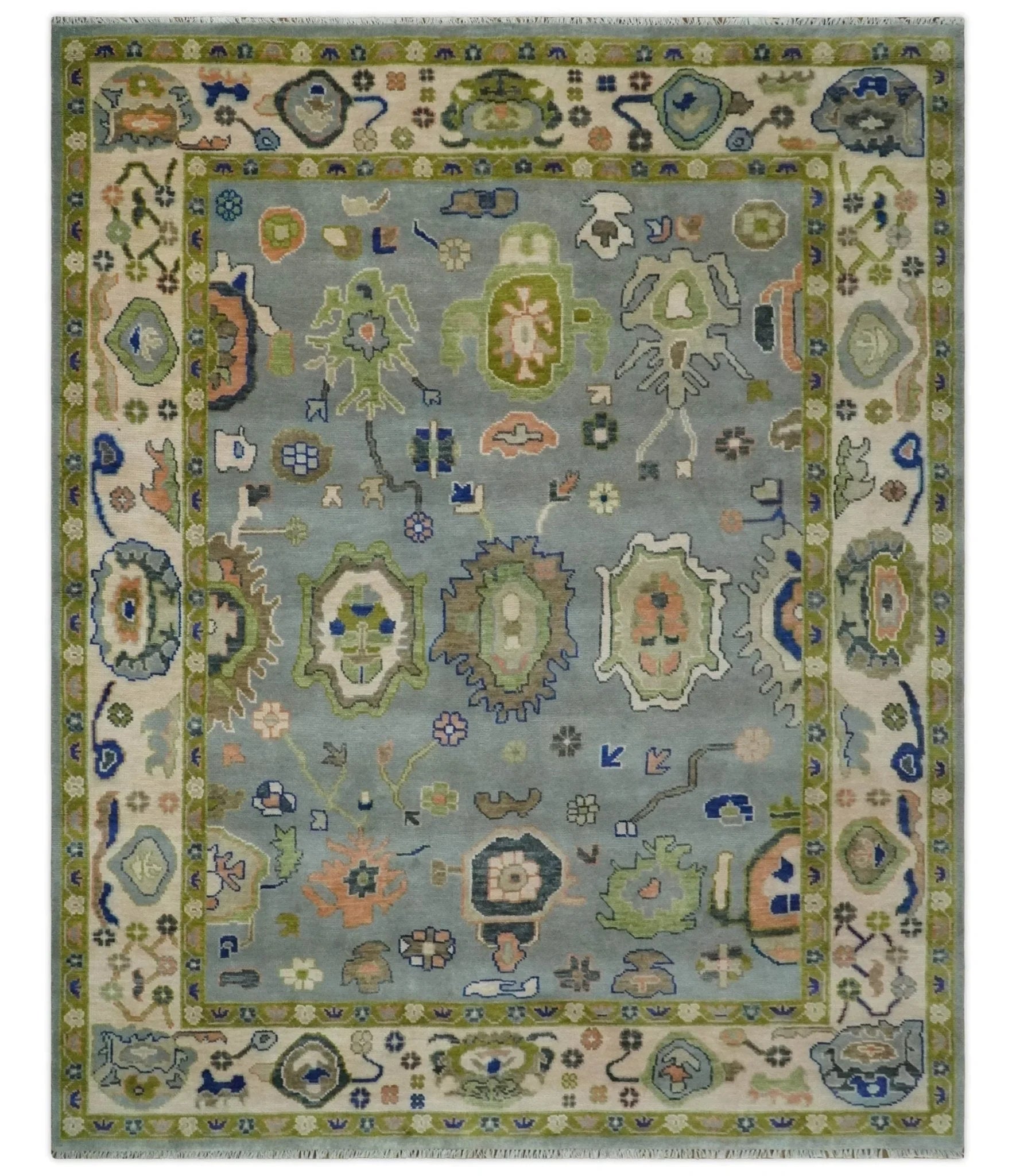 Vibrant Colorful Silver, Green and Light Peach Hand knotted Oushak wool Area Rug - The Rug Decor