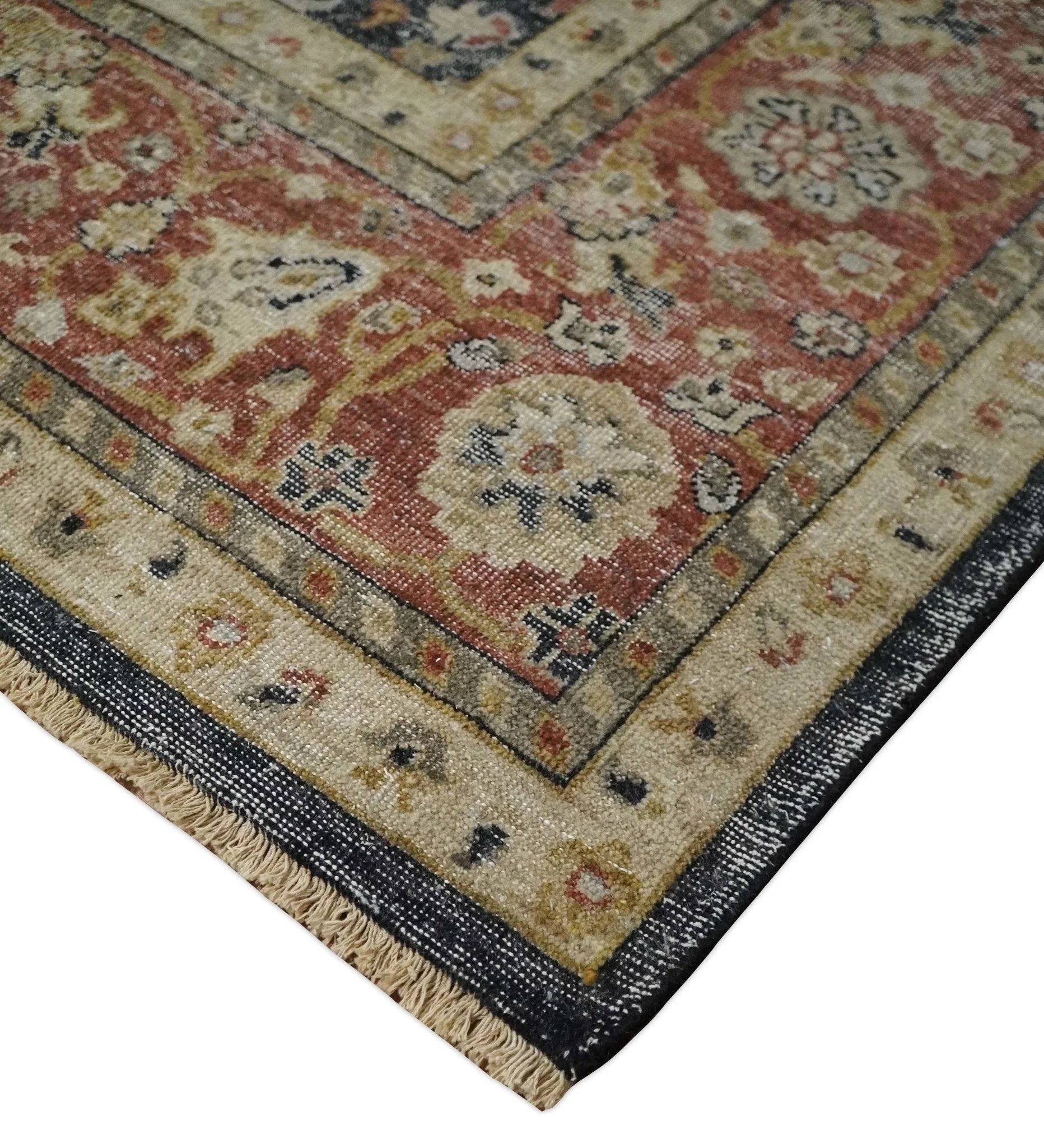 Vintage 6x9, 8x10 and 9x12 Hand Knotted Traditional Black, Rust and Beige Antique Textured Low Pile Distressed Wool Rug | TRD53163 - The Rug Decor