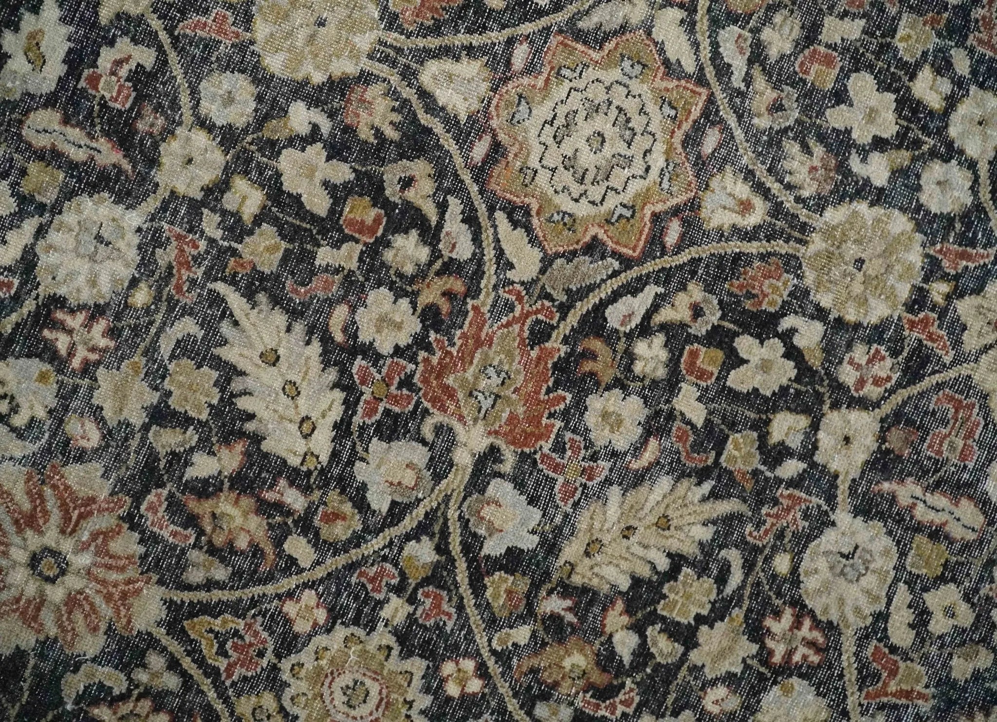 Vintage 6x9, 8x10 and 9x12 Hand Knotted Traditional Black, Rust and Beige Antique Textured Low Pile Distressed Wool Rug | TRD53163 - The Rug Decor