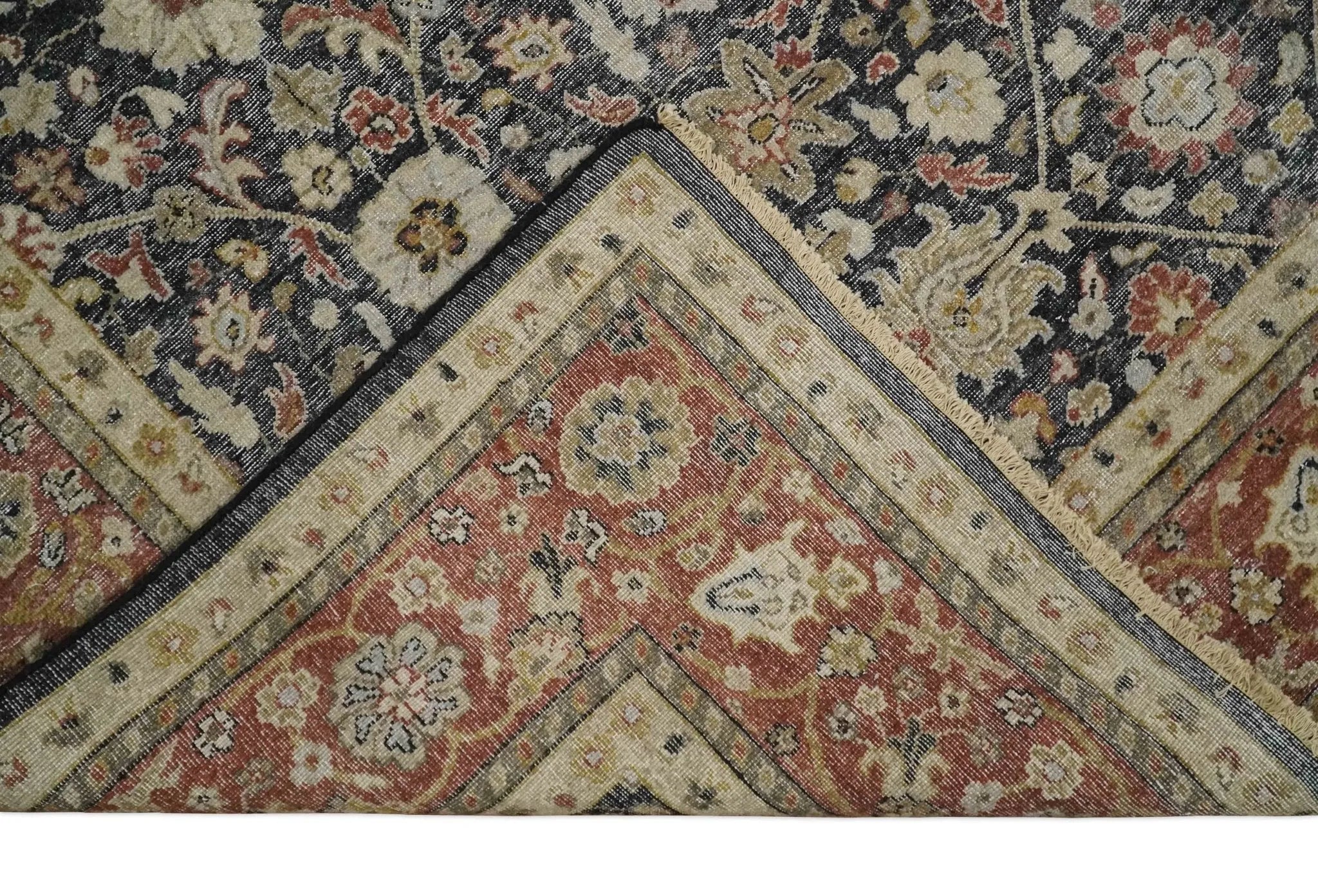 Vintage 6x9, 8x10 and 9x12 Hand Knotted Traditional Black, Rust and Beige Antique Textured Low Pile Distressed Wool Rug | TRD53163 - The Rug Decor