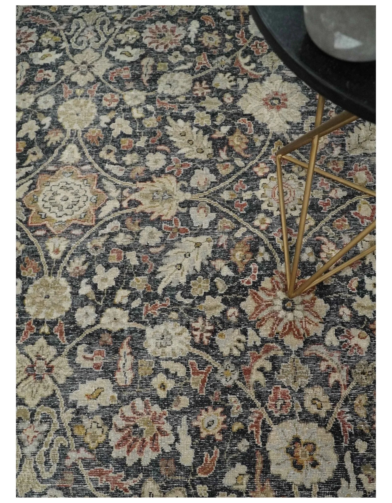 Vintage 6x9, 8x10 and 9x12 Hand Knotted Traditional Black, Rust and Beige Antique Textured Low Pile Distressed Wool Rug | TRD53163 - The Rug Decor