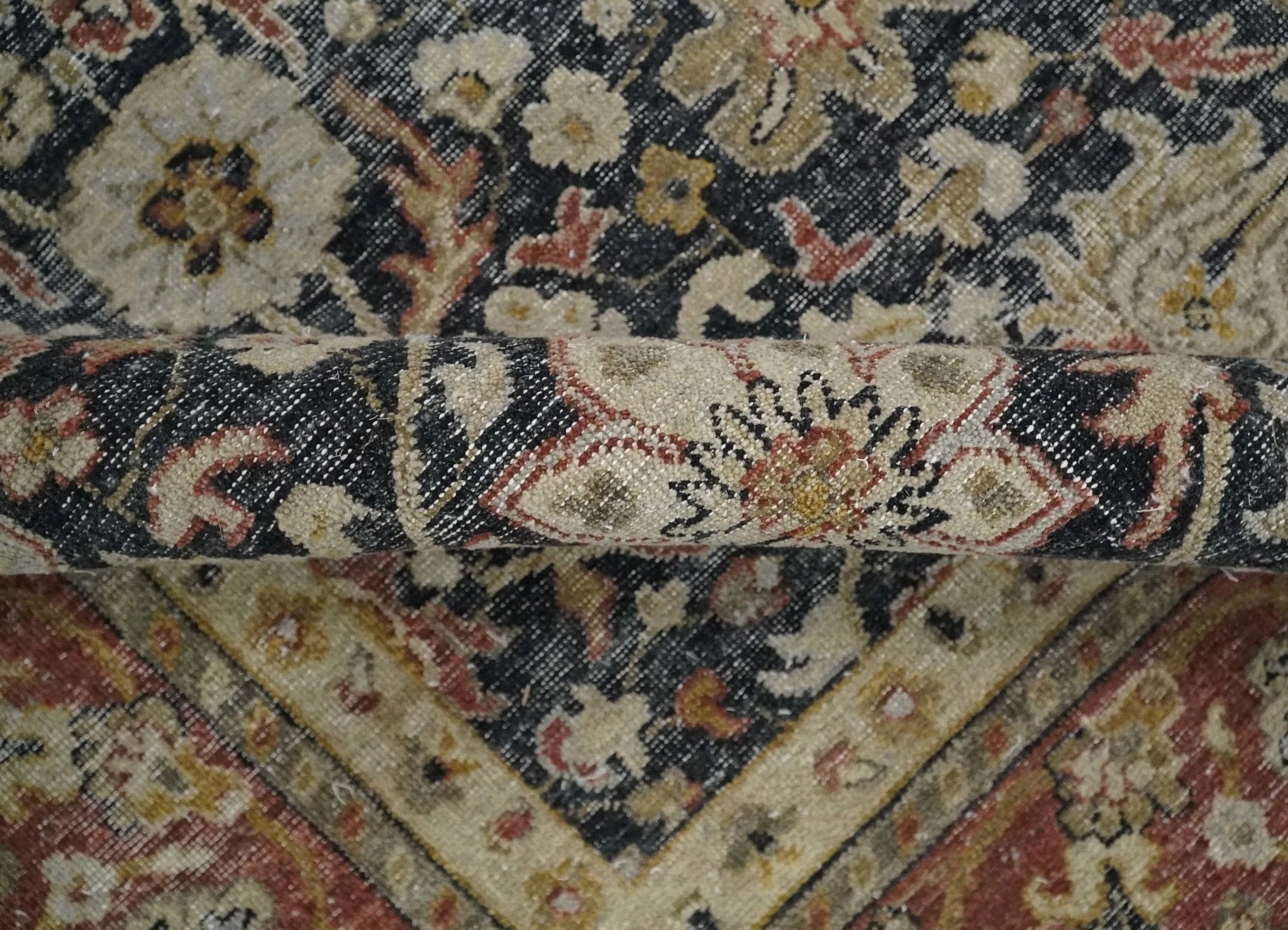 Vintage 6x9, 8x10 and 9x12 Hand Knotted Traditional Black, Rust and Beige Antique Textured Low Pile Distressed Wool Rug | TRD53163 - The Rug Decor