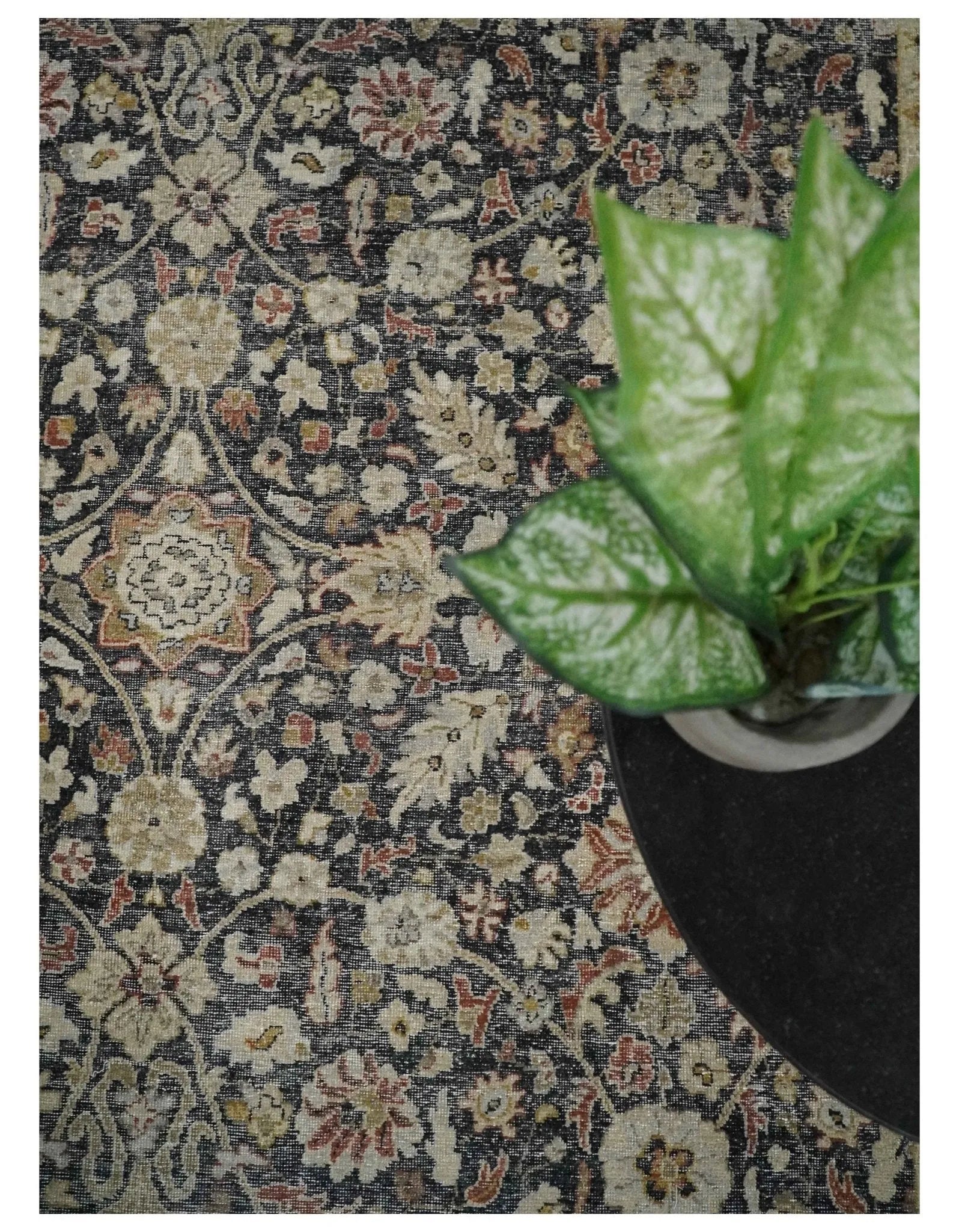 Vintage 6x9, 8x10 and 9x12 Hand Knotted Traditional Black, Rust and Beige Antique Textured Low Pile Distressed Wool Rug | TRD53163 - The Rug Decor