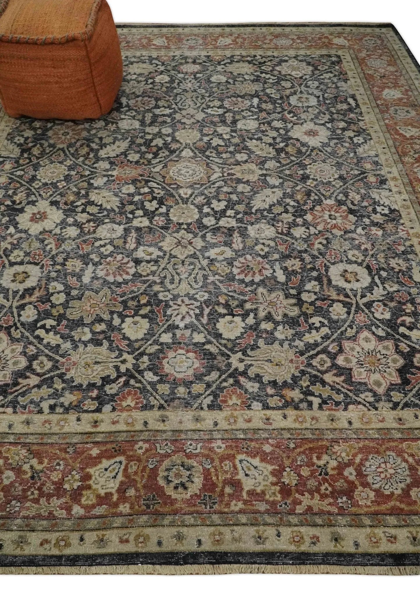 Vintage 6x9, 8x10 and 9x12 Hand Knotted Traditional Black, Rust and Beige Antique Textured Low Pile Distressed Wool Rug | TRD53163 - The Rug Decor