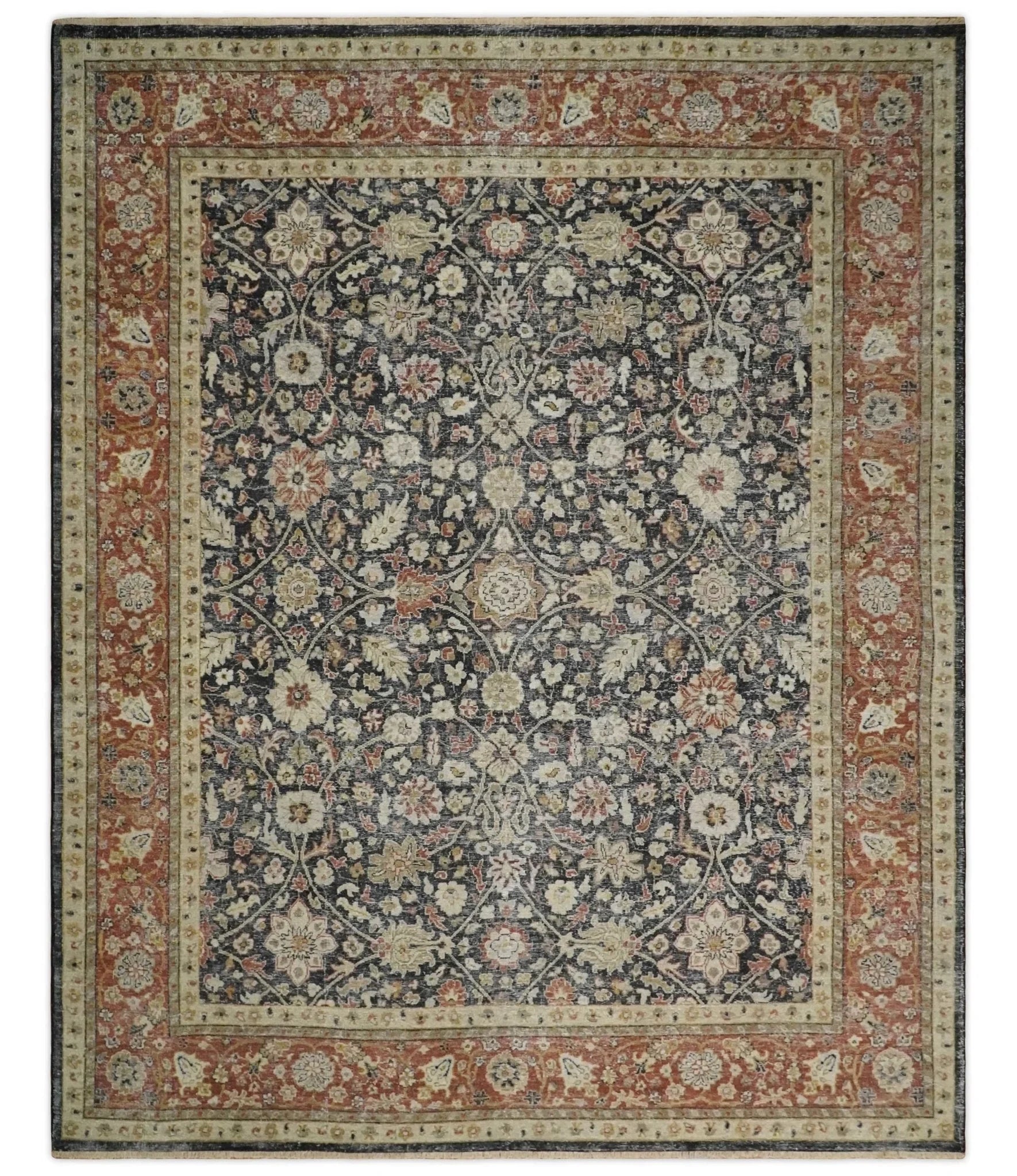 Vintage 6x9, 8x10 and 9x12 Hand Knotted Traditional Black, Rust and Beige Antique Textured Low Pile Distressed Wool Rug | TRD53163 - The Rug Decor