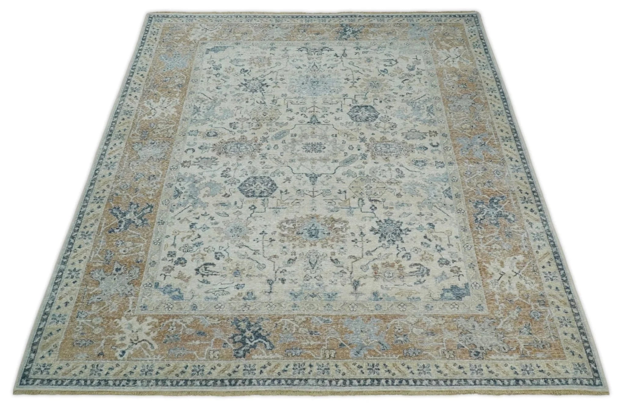 Vintage Hand Knotted 8x10 Beige and Rust Traditional Oxidized Textured Persian Low Pile Wool Rug | TRD2541810 - The Rug Decor