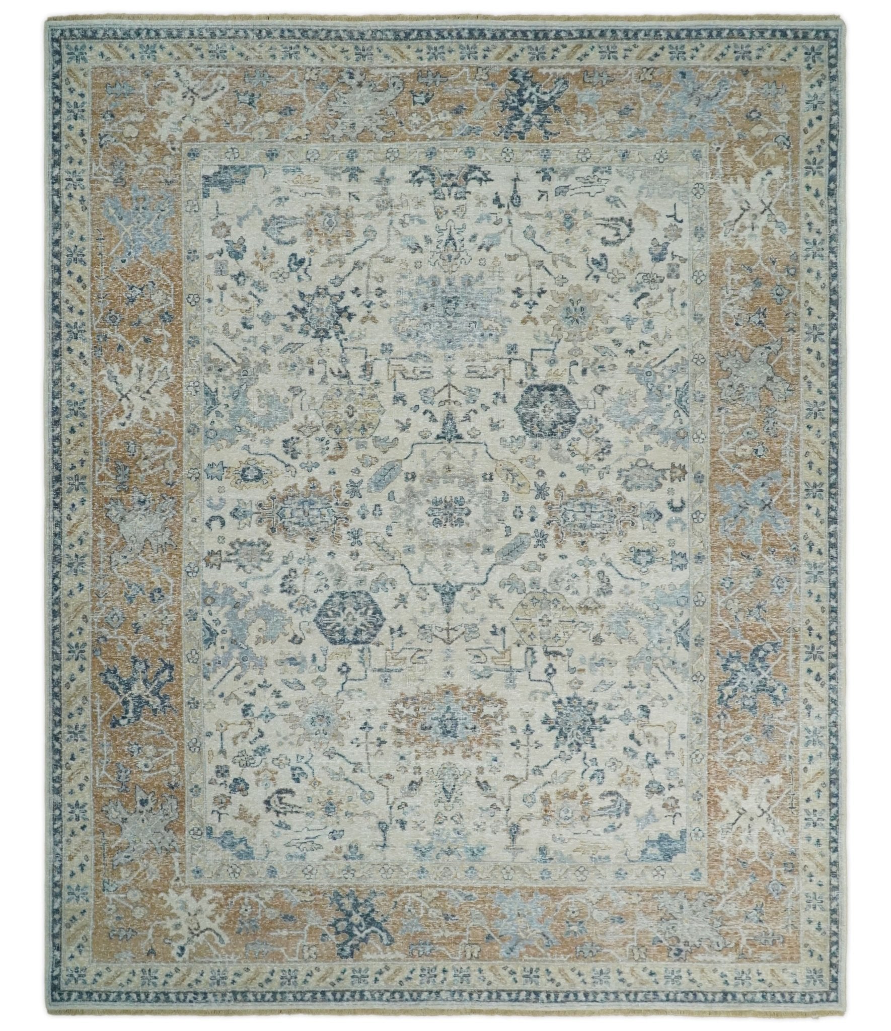 Vintage Style Ivory and Rust Traditional Oxidized Textured Low Pile Multi Size Wool Rug