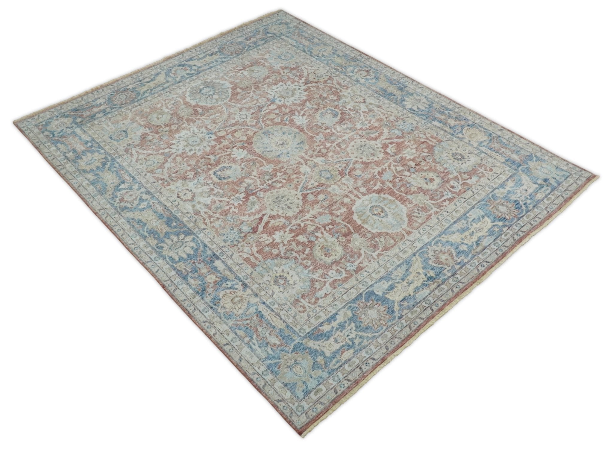 Vintage Hand Knotted 8x10 Rust and Blue Traditional Oxidized Textured Persian Low Pile Wool Rug | TRD2601810 - The Rug Decor