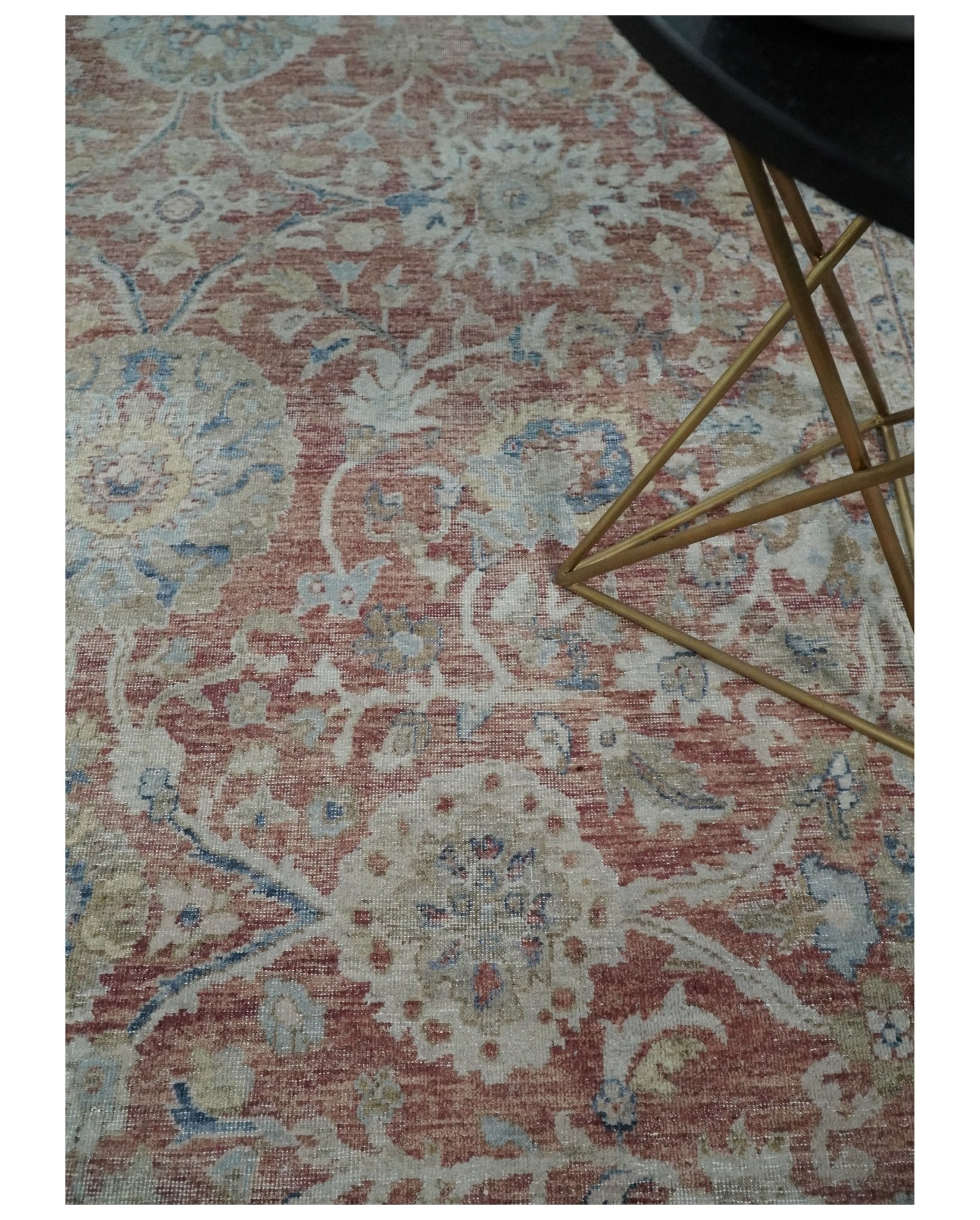 Vintage Hand Knotted 8x10 Rust and Blue Traditional Oxidized Textured Persian Low Pile Wool Rug | TRD2601810 - The Rug Decor