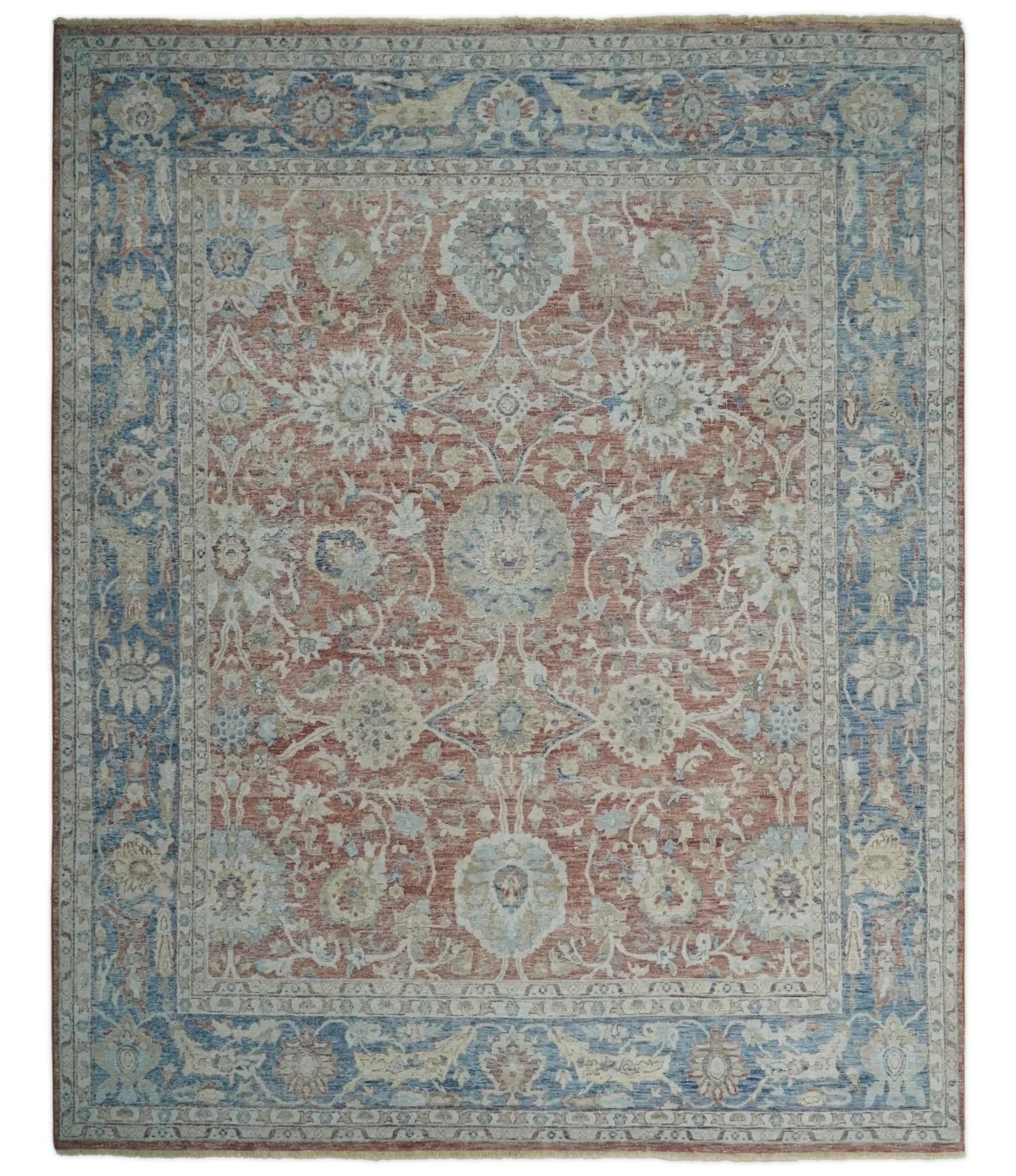 Vintage Hand Knotted 8x10 Rust and Blue Traditional Oxidized Textured Persian Low Pile Wool Rug | TRD2601810 - The Rug Decor