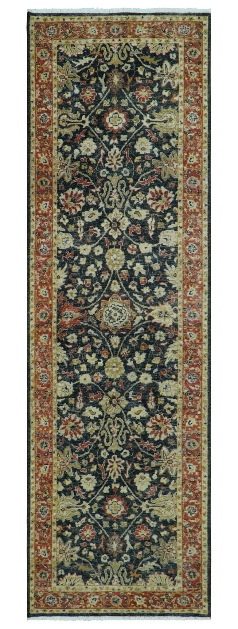 Vintage Hand Knotted Traditional Black, Rust and Beige Antique Textured Low Pile Distressed Wool Rug - The Rug Decor