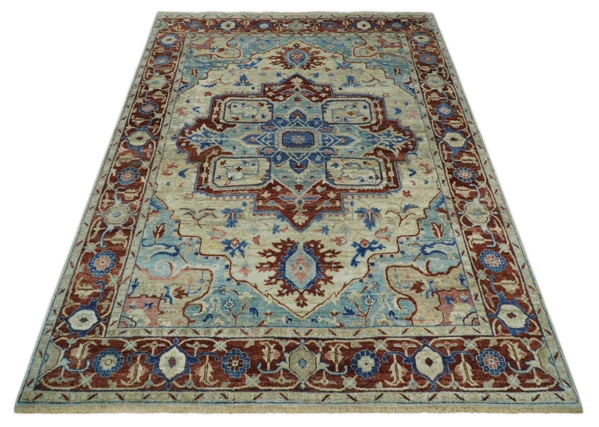 Vintage Style Beige, Aqua and Brown Hand Knotted Traditional Heriz 8x10 wool area Rug