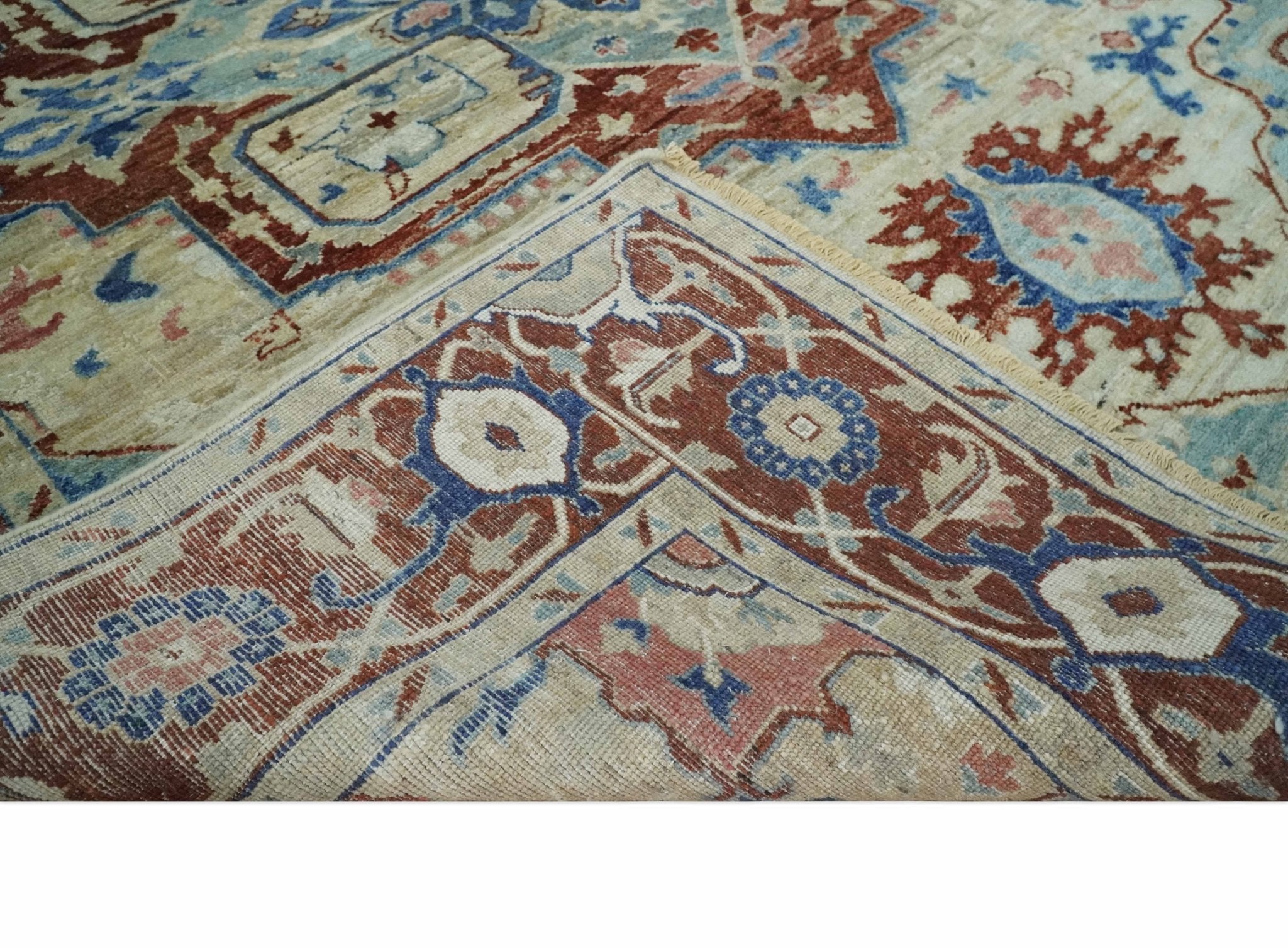 Vintage Style Beige, Aqua and Brown Hand Knotted Traditional Heriz 8x10 wool area Rug