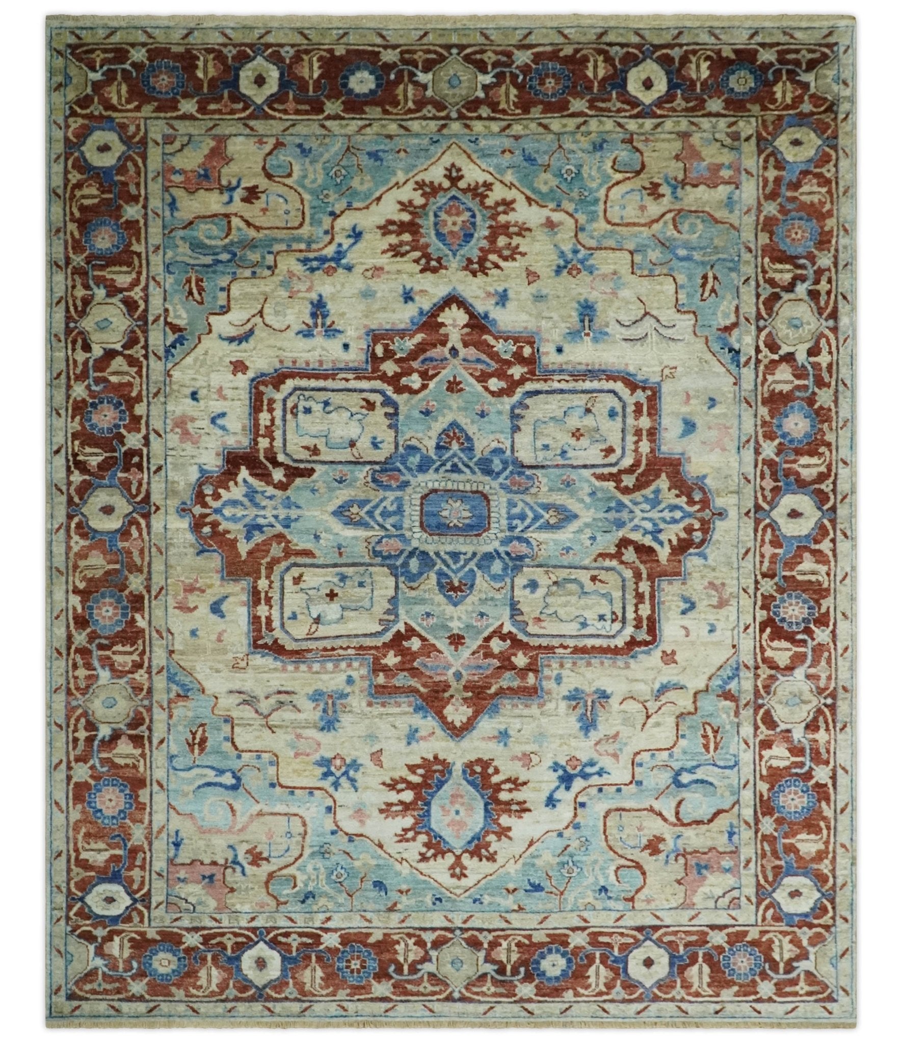 Vintage Style Beige, Aqua and Brown Hand Knotted Traditional Heriz 8x10 wool area Rug