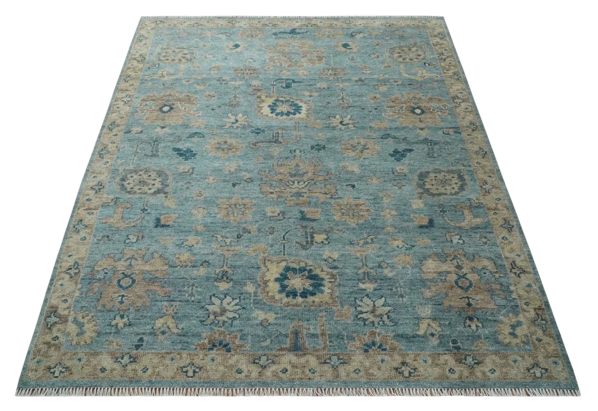 Vintage Style Light Blue and Brown Hand knotted Oushak Multi Size wool Area Rug - The Rug Decor
