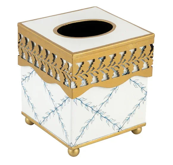 IVORY & Blue Pierced Gold Leaf Tissue Holder - The Mayfair Hall