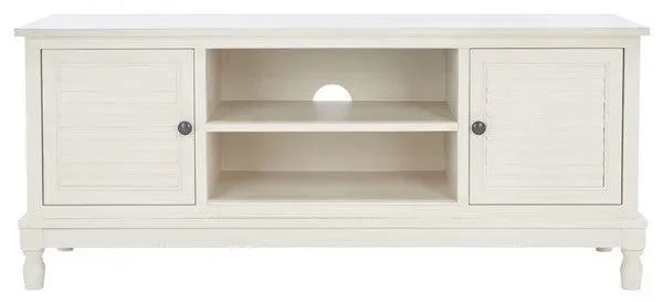 Tate Pine Wood Media Stand in Distressed White - The Mayfair Hall
