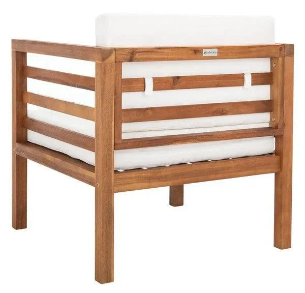 Kinnell Acacia Wood Outdoor Armchair in Natural with Beige Cushions - The Mayfair Hall