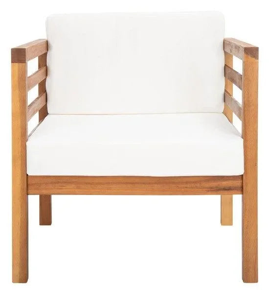 Kinnell Acacia Wood Outdoor Armchair in Natural with Beige Cushions - The Mayfair Hall