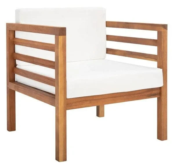 Kinnell Acacia Wood Outdoor Armchair in Natural with Beige Cushions - The Mayfair Hall