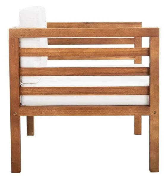 Kinnell Acacia Wood Outdoor Armchair in Natural with Beige Cushions - The Mayfair Hall