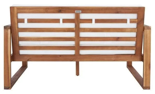 Emiko Acacia Wood Outdoor Bench in Natural with Beige Cushion - The Mayfair Hall