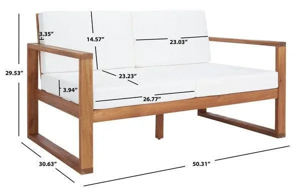 Emiko Acacia Wood Outdoor Bench in Natural with Beige Cushion - The Mayfair Hall