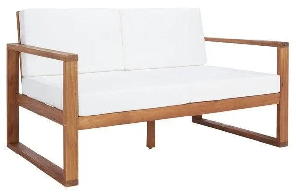 Emiko Acacia Wood Outdoor Bench in Natural with Beige Cushion - The Mayfair Hall